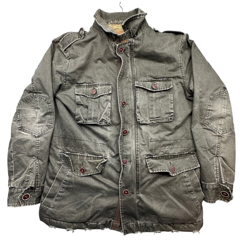 Guess Jeans Military Distressed Jacket Mens Large Faux Fur Lined Green M65 Style